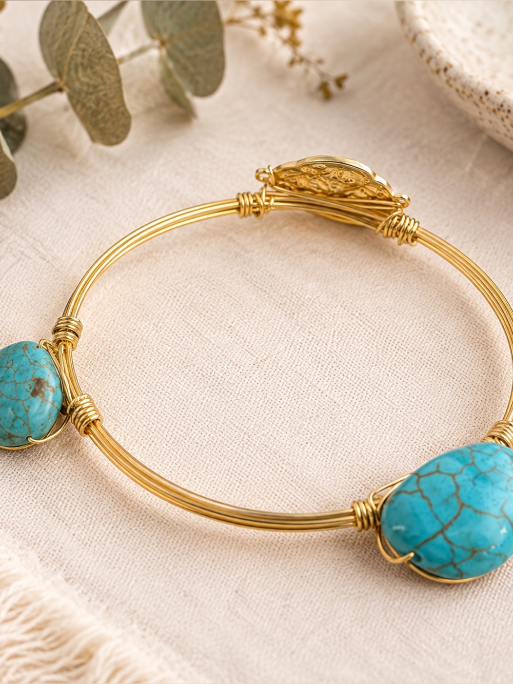 Vintage Style Gold Tone Turquoise Stone Wire Wrap Bangle Bracelet